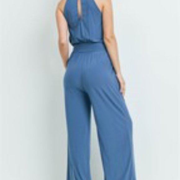 Blue High-waisted Key Hole Detailed Jumpsuit - Picture 2 of 3
